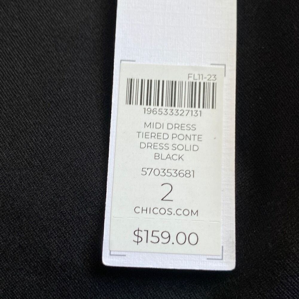 Chicos NWT $159 Midi Dress Tiered Ponte Solid Black All Occasions/ Seasons Sz 12 - Picture 11 of 13